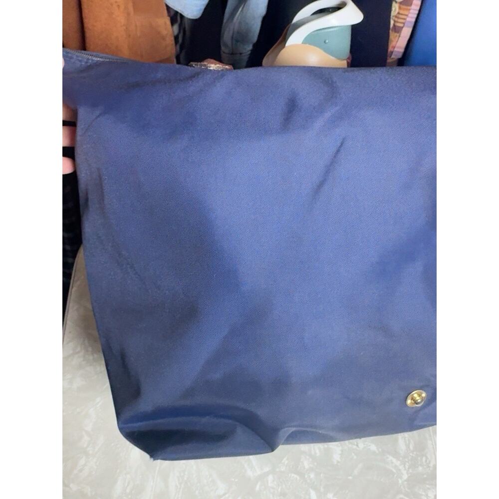 Longchamp Le Pliage Large Navy Tote Bag Brown Leather 18x14 - Picture 5 of 7